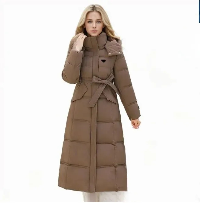 Womens Designer Down Jacket - Long Coat Winter Warmth with Classic Lettering & Wind Protection