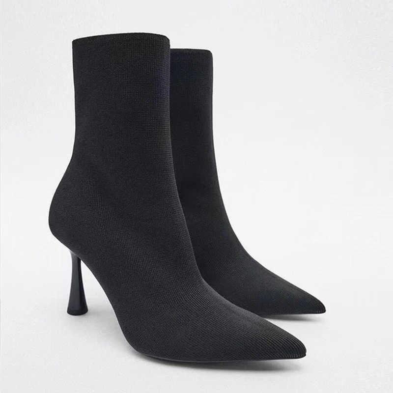 Woman Black Knitting Stretch Designer Fabric Sock Boots Elegant Pointed Toe Ankle Boot High Heels Party Prom Shoes Size 40 D260916