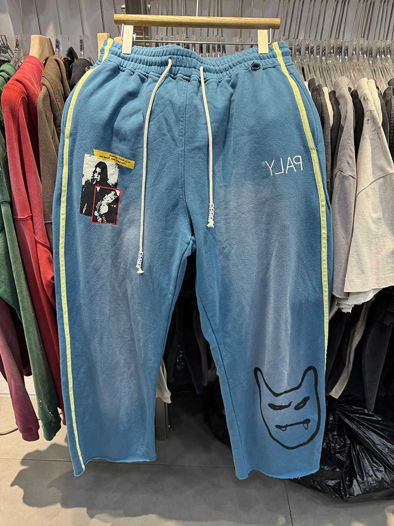 Blue PALY Embroidered Men's Washed Distressed Sweatpants Vintage Streetwear Oversized Joggers Cat Print Straight-leg Pants D260916