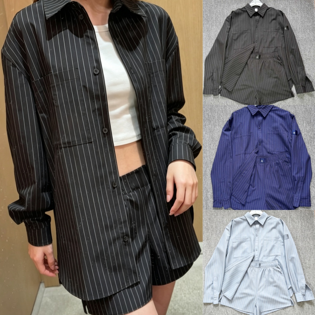 2934AO Women's Loose-Fitting Casual Long Sleeve Shirt with Fine Stripes Chic Long Sleeve Tee Versatile Loosely Fitted Stripes Design Shorts