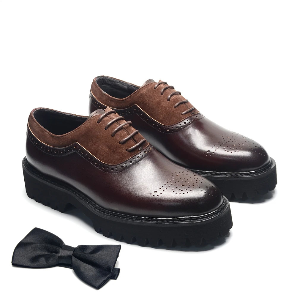 Soft Chunky Black Sole Men Oxford Dress Sneakers Genuine Leather Brogue Suede Casual Business Elevator Shoes Lace-up Modern Man 260916