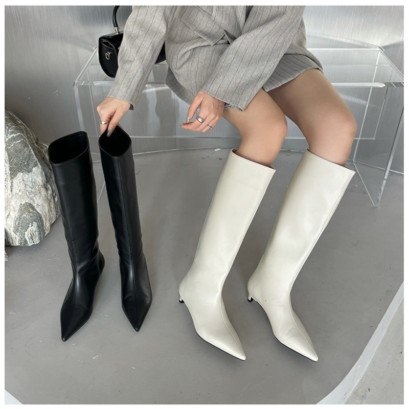 Long Term In Stock Autumn Winter New Product Simple And Stylish Wide Leg Korean Style Pointed Toe High Boots Soft Leather Cat Heel