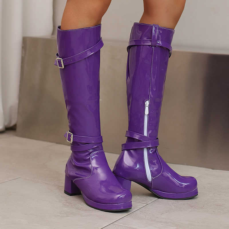 Leather Plus Size Glossy Patent Material Zipper Sleeve Boots Tube Fixatio Knee High Boots Thick Heel Plush Lining New Bo D260916