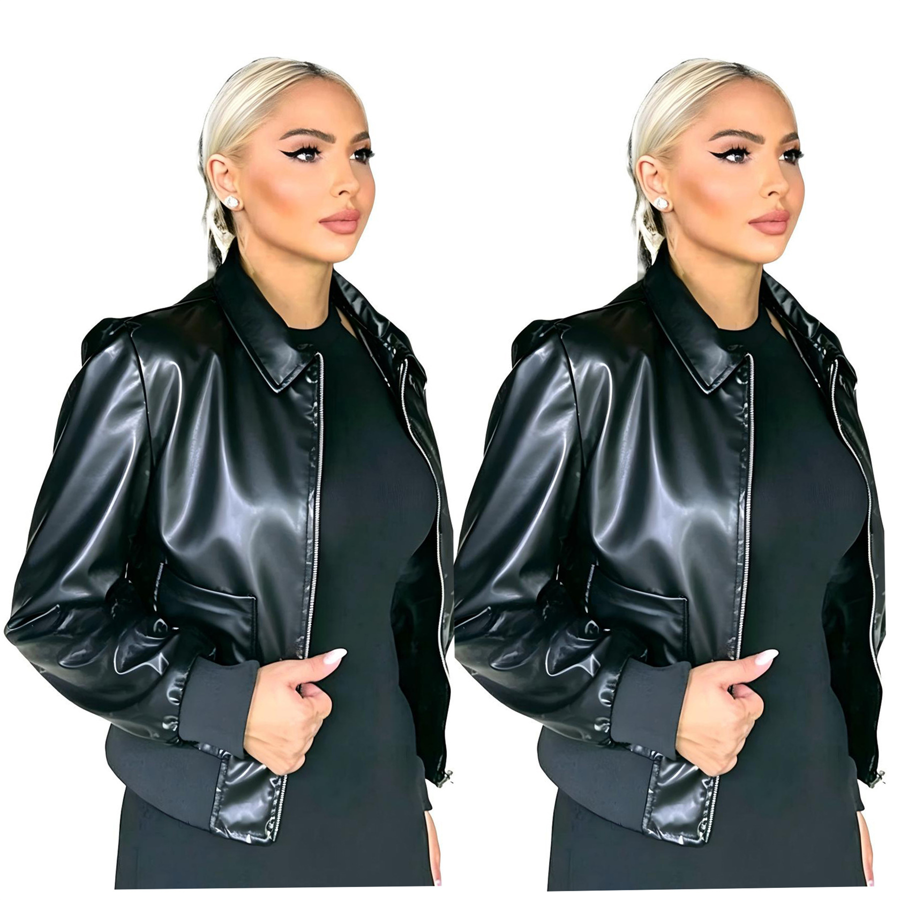 Desinger black pu jacket Women's loose leather baseball collar lapel Casual Long Sleeve outfit coats oversized outfit for lady Outerwear Clothi