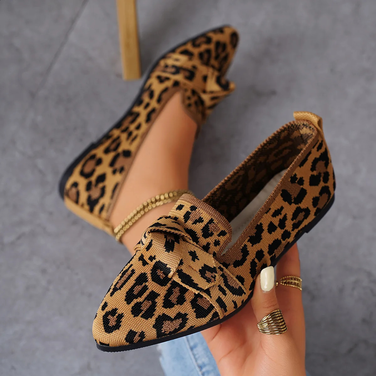 Womens Leopard Print Bow Shoes Pointed Toe Large Size Flats Female Casual Breathable Comfortable Nonslip Slip on Loafers 260917