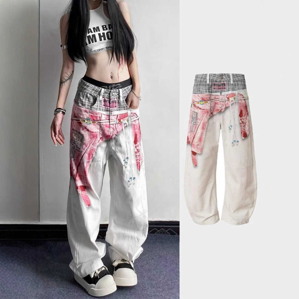 3D Impression Numérique Style Ethnique Fausse Chemise Patchwork Jeans pour Femmes Automne À La Mode Hip-Hop Personnalité Lâche Pantalons Occasion