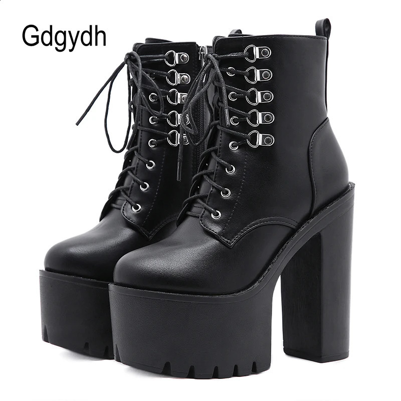 Gdgydh Ultra High Heels Women Motorcycle Boots Gothic Style Sexy Rivet Black Soft Leather Plaform Chunky Heel Punk Knight 260917