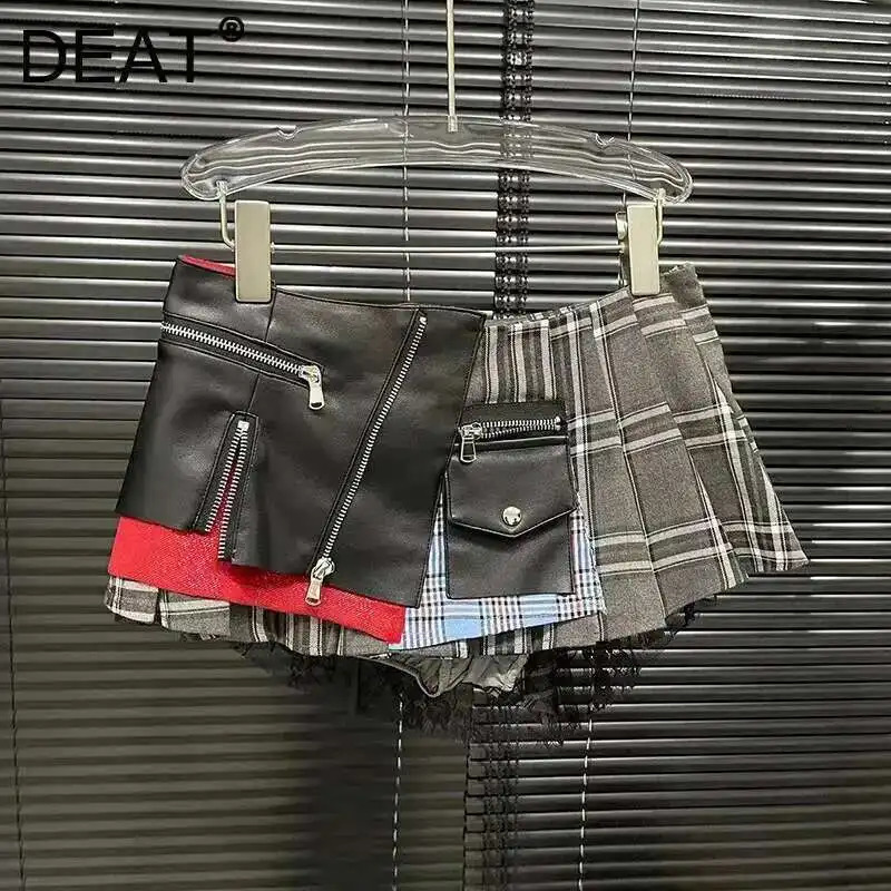 DEAT 2026 Summer Patchwork Plaid Irregular Pleated Mini Skirt For Women Zipper Pockets Lace n Skirts Female 29L7565 260916