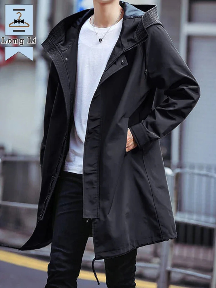 Spring Autumn Long Trench Coat Men Fashion Hooded Windbreaker Black Overcoat Casual Jackets Big Size 6XL 7XL 8XL 260916