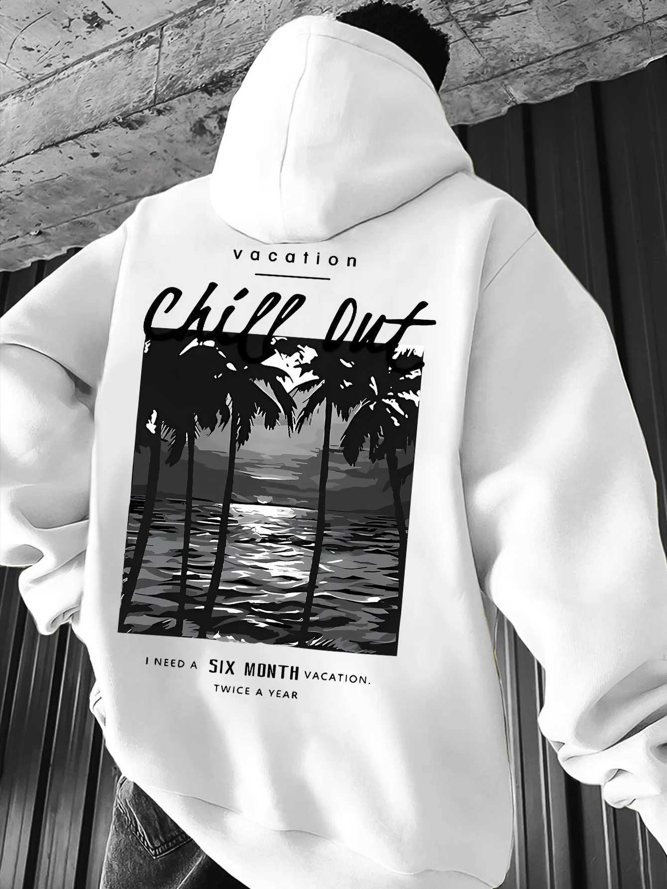 Back Mens Chill Out Vacation Print Pullover Hoodie Monochrome Palm Tree Ocean Beach Scenery Slogan Graphic Hooded Sweatshirt Kangaroo Pocket Loose F