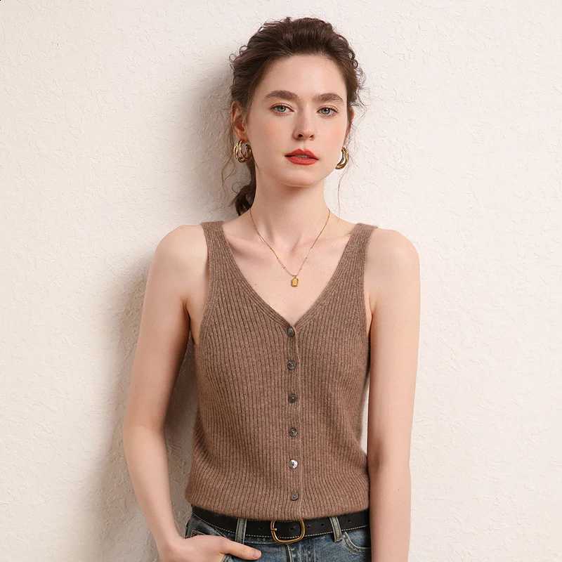 Cashmere WinvyNee Women Summers New Wool Tops Solid V neck Warm Soft Buttons Vest Tank Streetwear Autumn Tops C1044013W260915