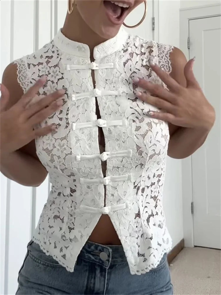 Women Sexy Y2K Sleeveless Lace Vest Elegant High Collar Offshoulder See Through Button Slim Tops Lady Vacation Street Vests 260916