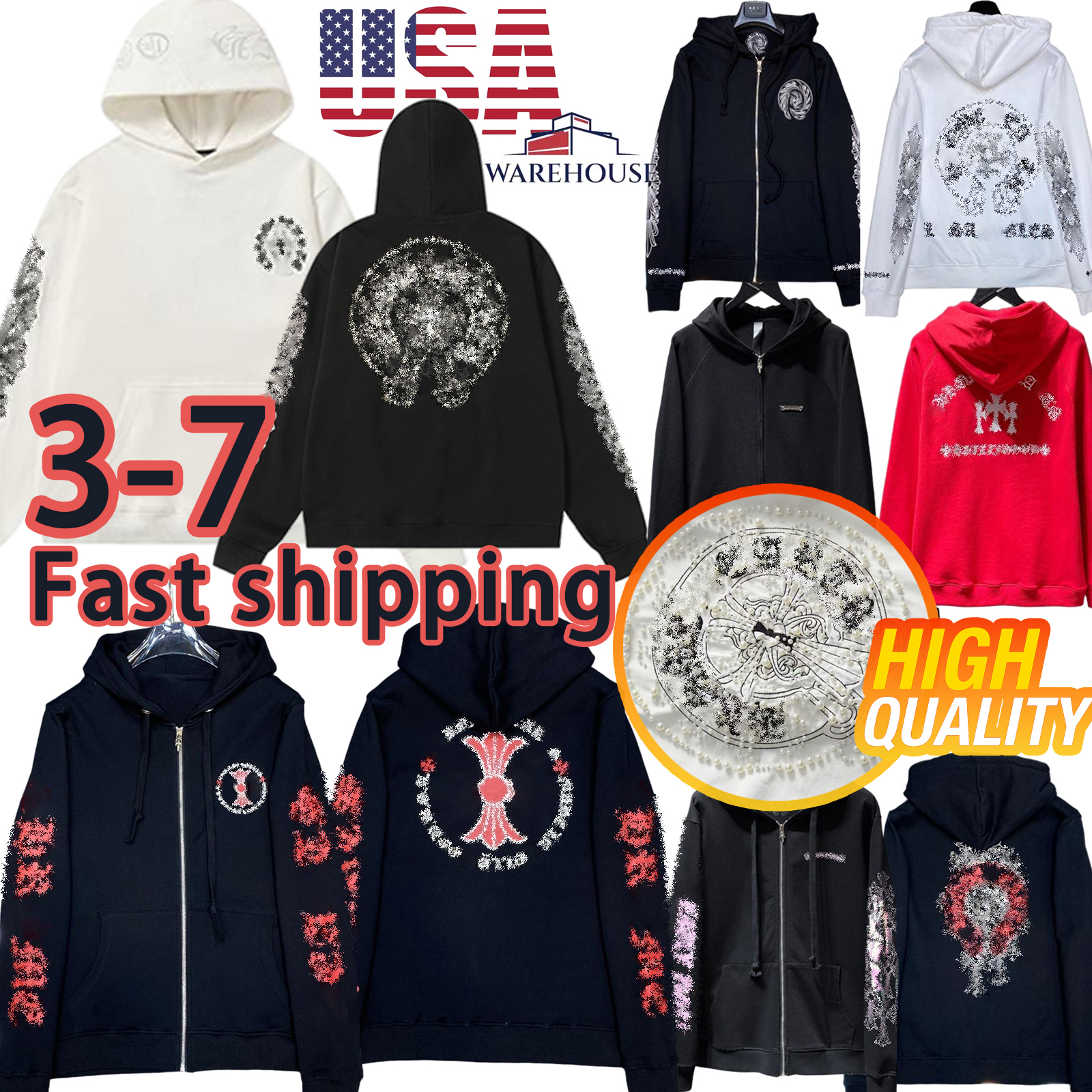 Chrome Vintage Gothic Cross Hoodie Sweatpants Men Women Embroidered Zip Up Jacket Pullover Sweatshirt Long Sleeve T Shirt Jogger Pants Streetwear Ou