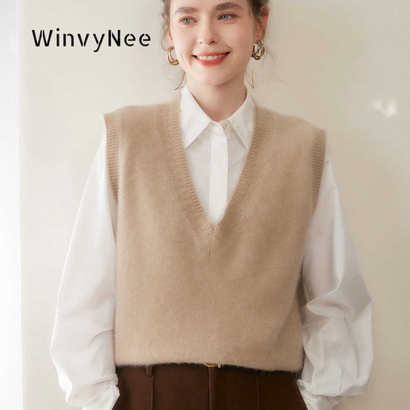 Waistcoat WinvyNee Women Cashmere Knit V Neck Vest Plush Soft Texture Elegant Fine Study Layer Cozy Work Sleeveless Top C1054071W260915