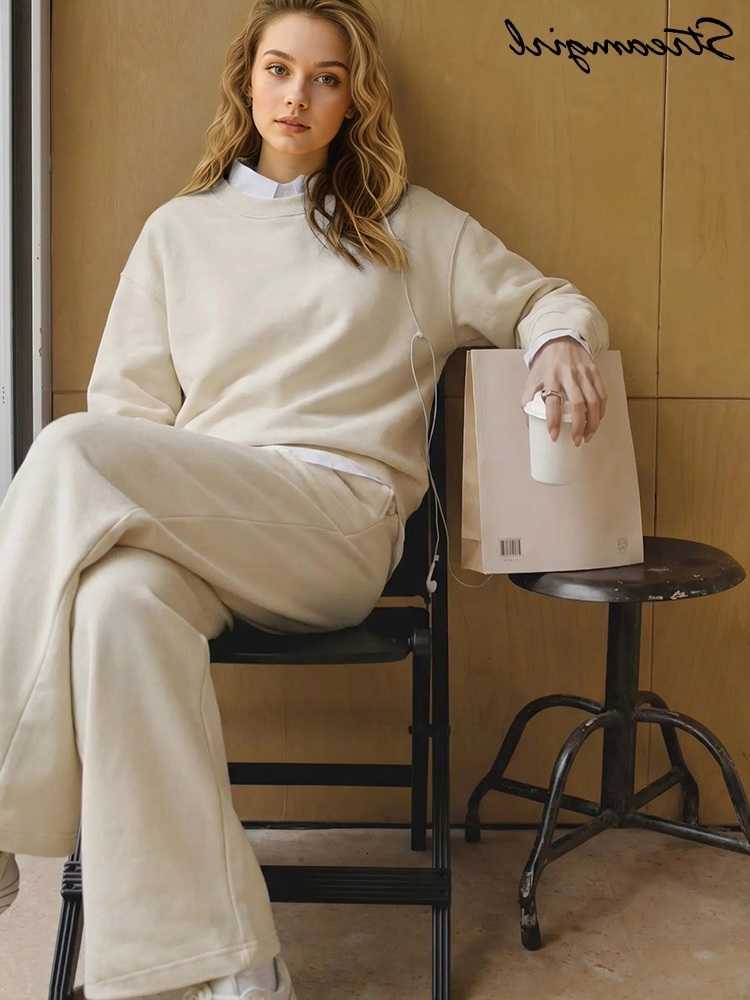 2 Sweatsuits Piece Women Wide Leg Plain Pants Set Outfit Cotton O Neck Sweatshirt And Sweatpants Jogging Sports Suit For Women S260916EU2K