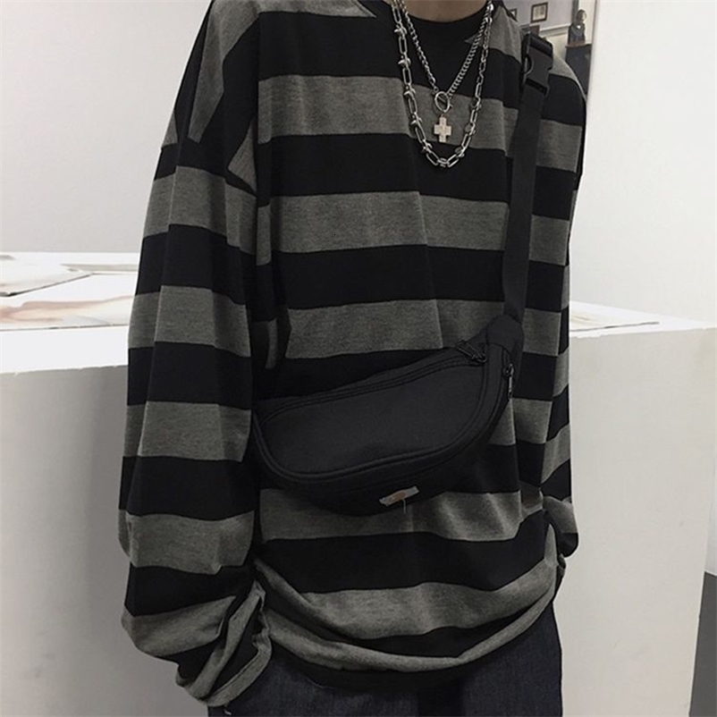 Harajuku Oversized High Street Stripe T-shirt Long Sleeves Vintage Style Al-match Fashion Top Cotton High Quality Pocket Clothes 260915