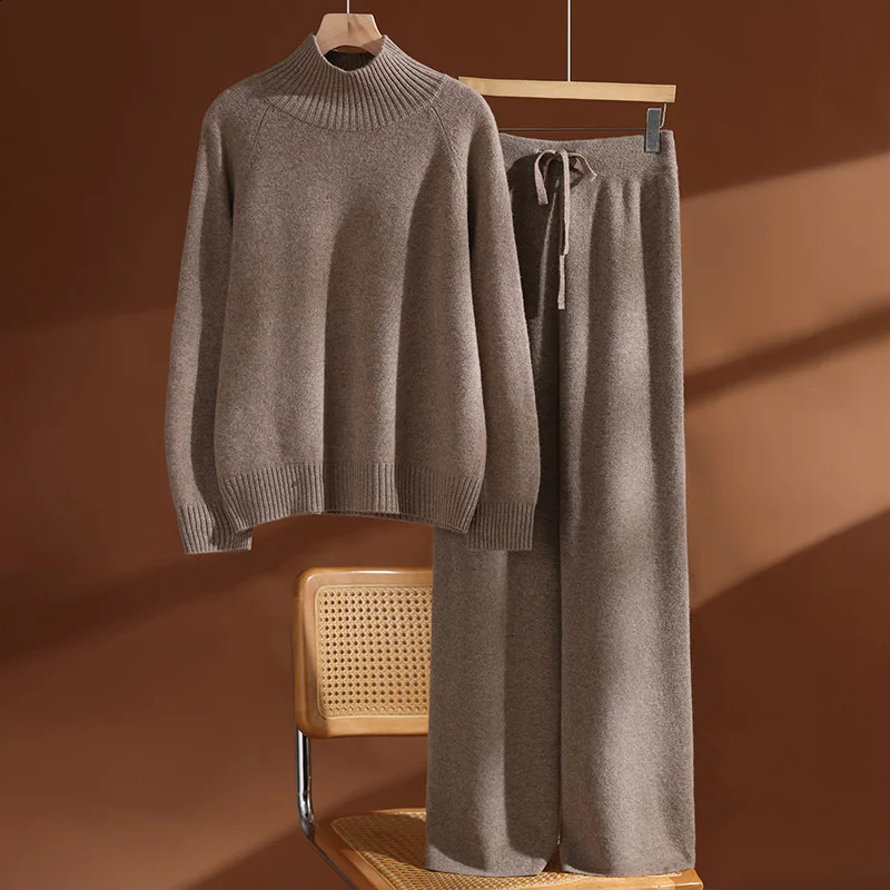 CHICUU Women's 100% Wool Sweater Pants Set Thick Mock Neck Pullover Wide Leg Pants Autumn Winter Warm Casual Wool Knitwear Suit 260916
