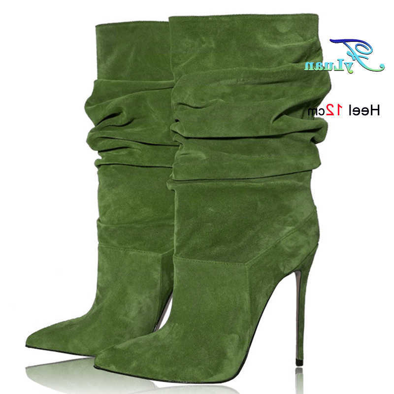 Mid 2025 Women Spring Green Calf Boots Stretch Suede Pleated Pointed Toe Thin High Heels 12cm Slip On Stacked Boots Dress Shoes D260916