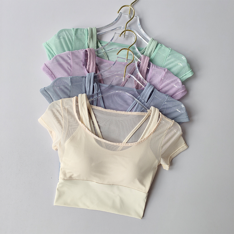 Women's Pilates Training Fitness Chest Cushion Yoga Suit Top Quick Drying High-end Feeling Sports Short Sleeved Breathable 26Y0916