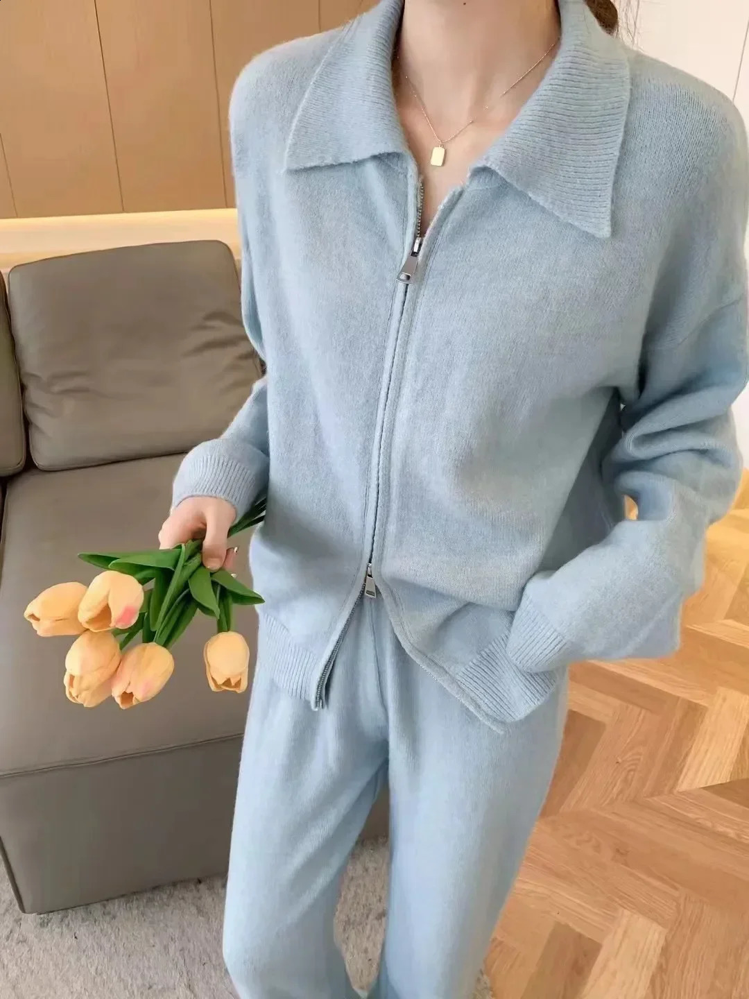 Korean style lazy style lapel sweater suit autumn and winter zipper loose knitted wide-leg pants two-piece set for women 260916