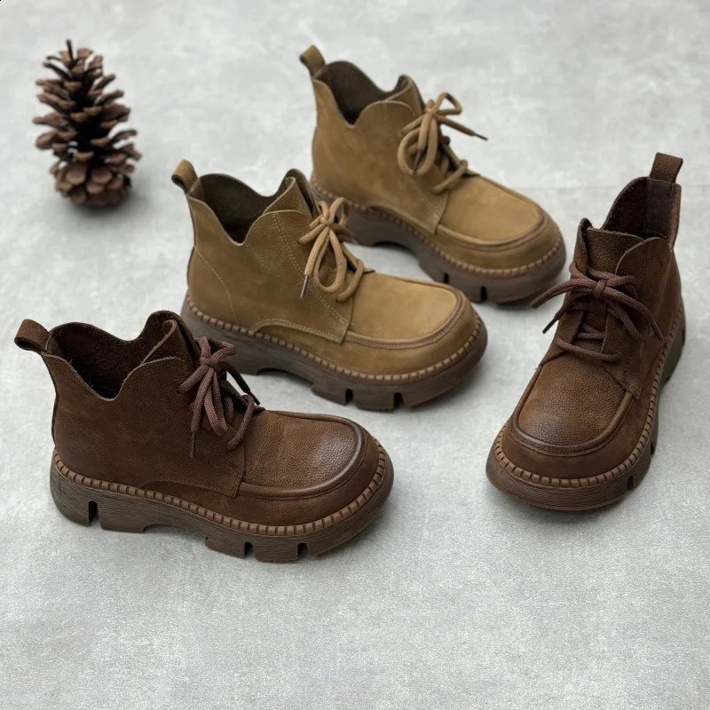 Womens Punk Style Laceup Elegant with Low Heels Ankle Boots Short Shoes for Woman Genuine Leather Footwear 260916