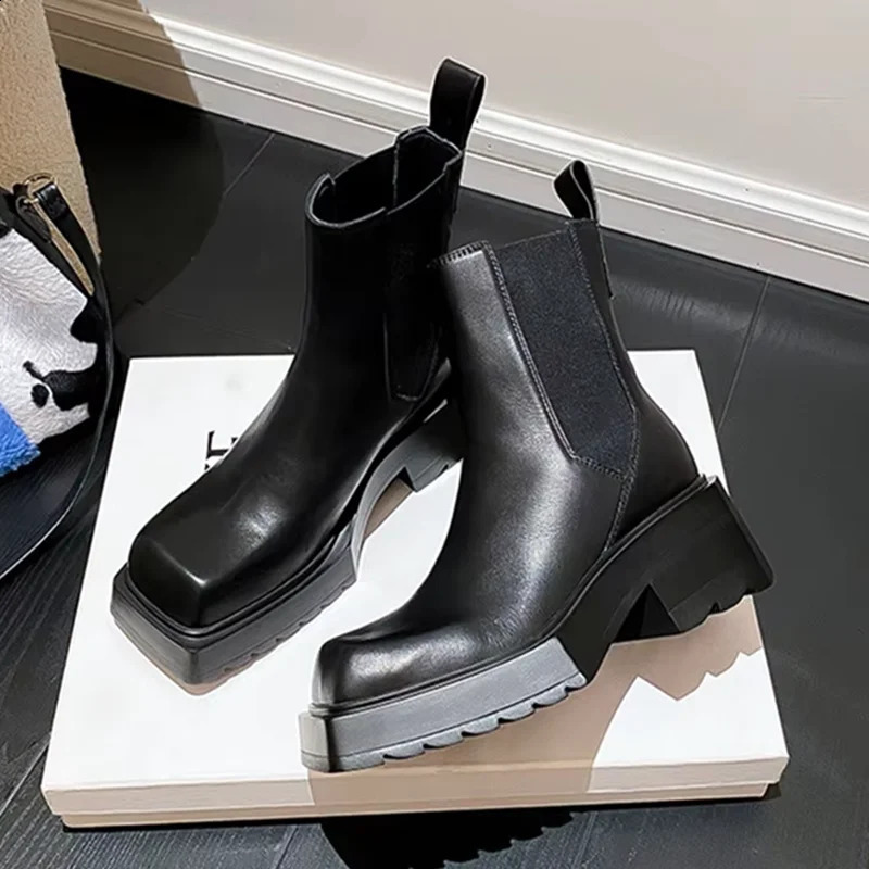 Black Leather Chelsea Boots Women y Square Toe Thick Sole Nonslip Ankle Cozy Chunky Heel Platform Shoes 260916