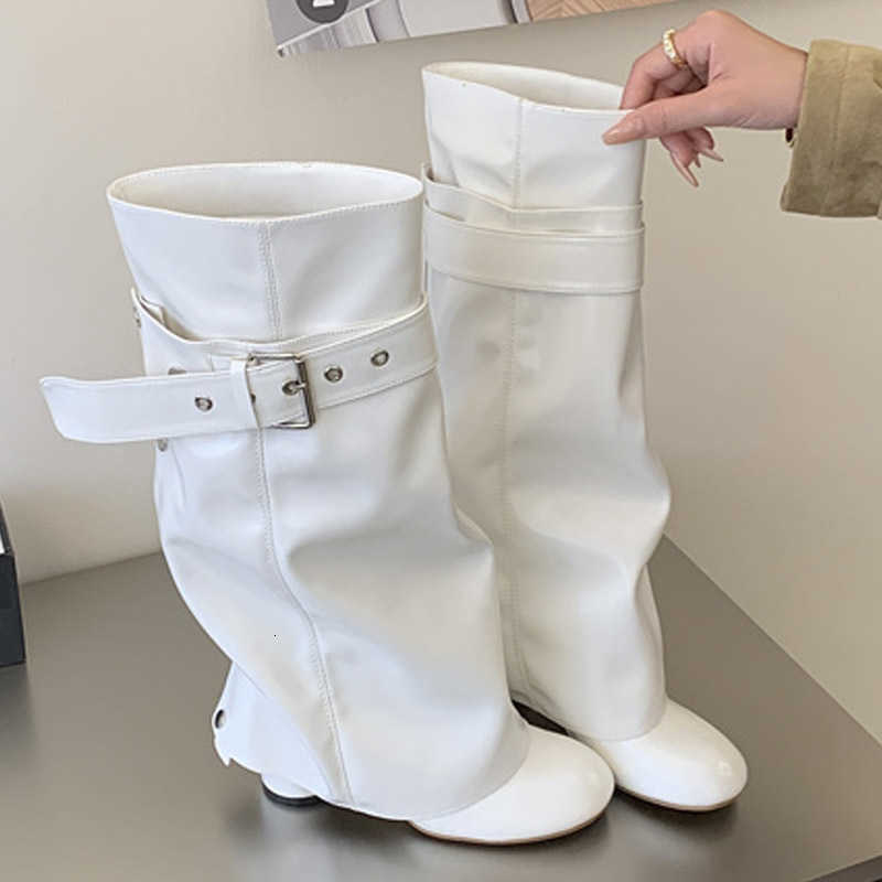 Knee-High Aneikeh Leather White Faux Boots Metal Strap Decor Round Toe fashion Designer Style Autumn Winter Boots D260916
