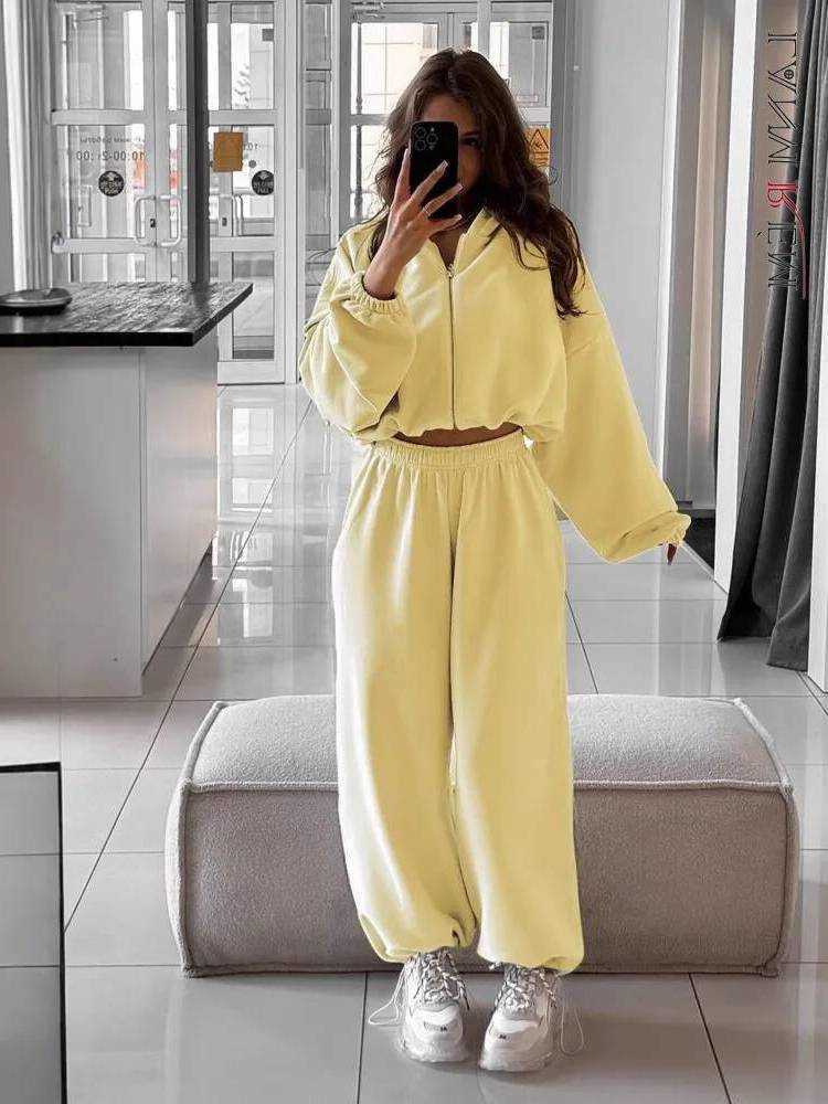 Casual LANMREM Style Zipup Hooded Cropped Sweatshirt Loose Cuffed Sweatpants Two Piece Women's Spring New Item E SRFE