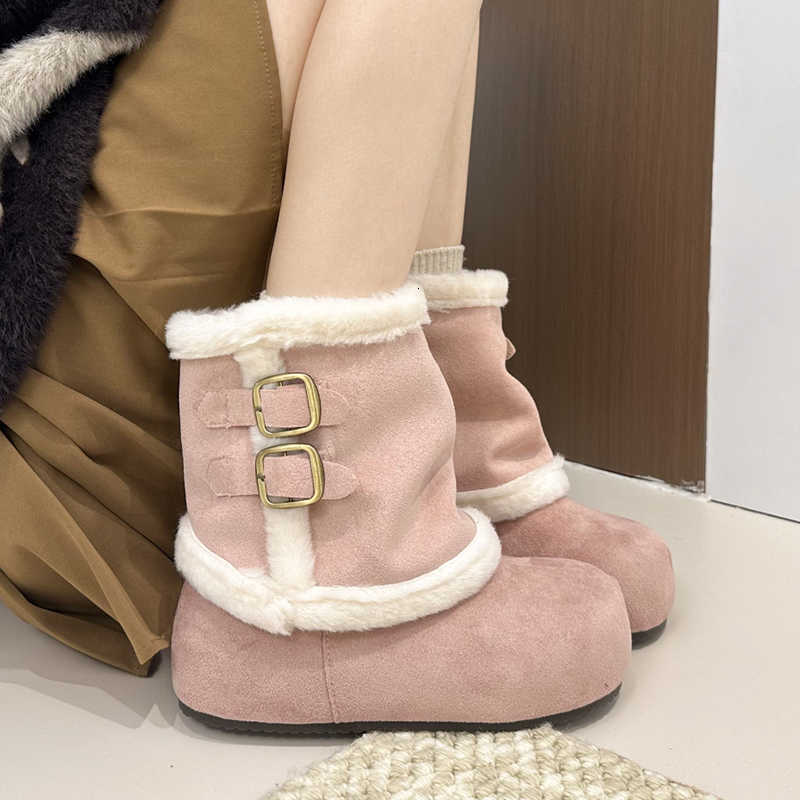Pink Fur Cute Suede Fluffy Snow Boots Women 2025 Winter Metal Belt Hidden Height Increasing Ankle Boots Woman's Y2K Shoes D260916