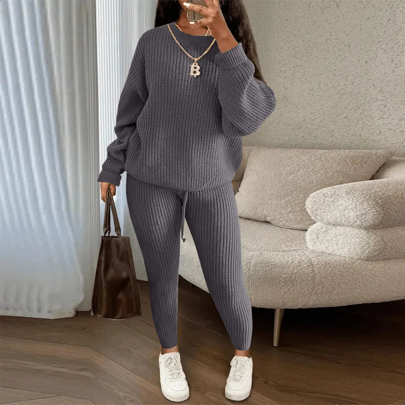 Winter Two Piece Sets Women Clothing Autumn Fashion Casual Solid Round Neck Pullover Loose Pit Knitted Sweater Pants Suits 260916
