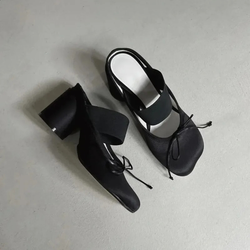 French Satin Mary Jane Shoes with Bowknot Slip-On Women's Casual Ballet Shoes Mid Heel Comfortable Footbed for Spring Autumn 260916