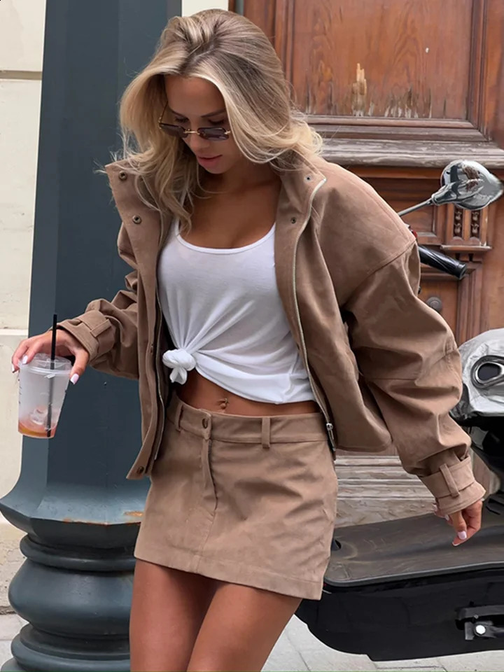 Casual Suede Women's 2 Piece Set Stand Collar Full Sleeve Zipper Jacket Mini Skirts Female Set 2026 Autumn Chic Lady Outfit 260916