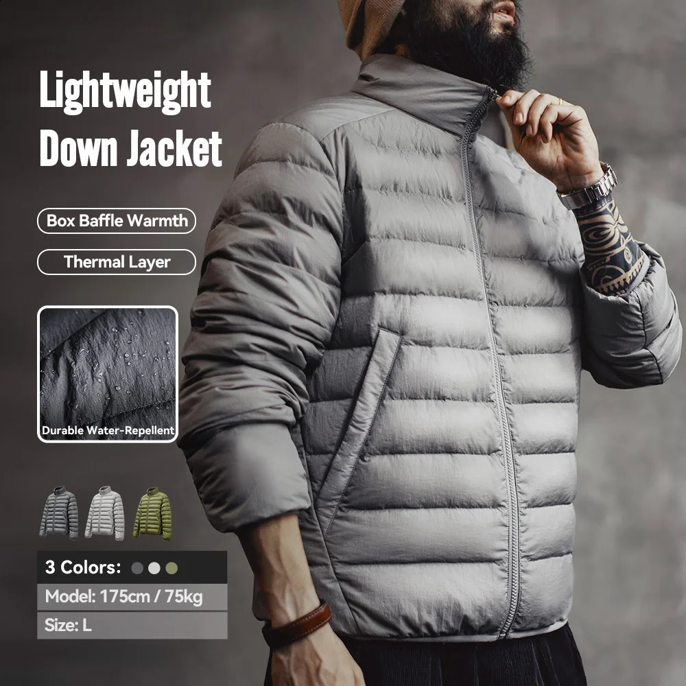 Maden Winter Men's Stand-up Collar Down Jacket Lightweight Hydrophobic White Duck Down Filling Coat Warm Inner Layer for Fall 260916