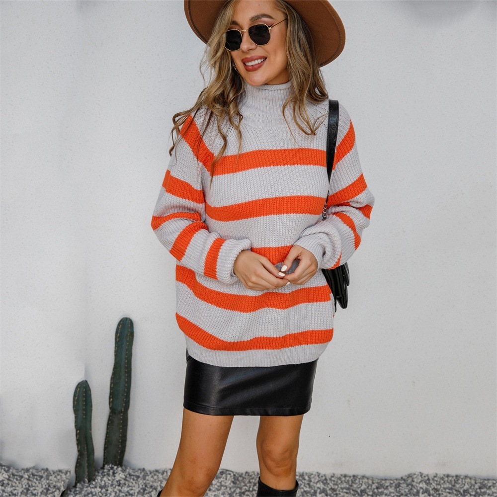2026 European American Foreign Trade Amazon Plus-Size Women's Knitted Sweater With Striped Patchwork And Half-High Collar Pullover Spider Hoodi