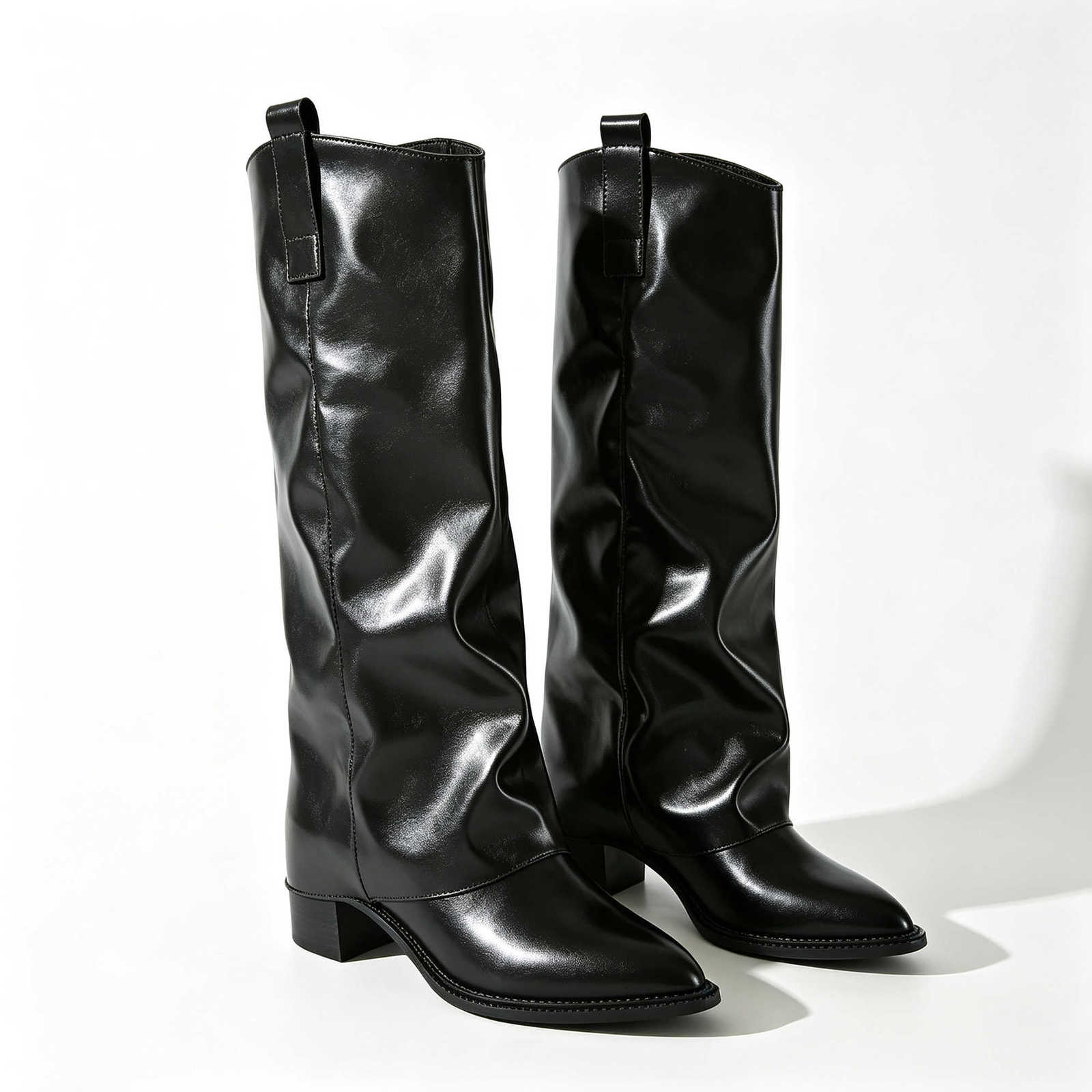 Black Women Western Boots PU Leather Knee High Boots Chunky Low Heel Pull On Wide Calf Riding Shoes D260916