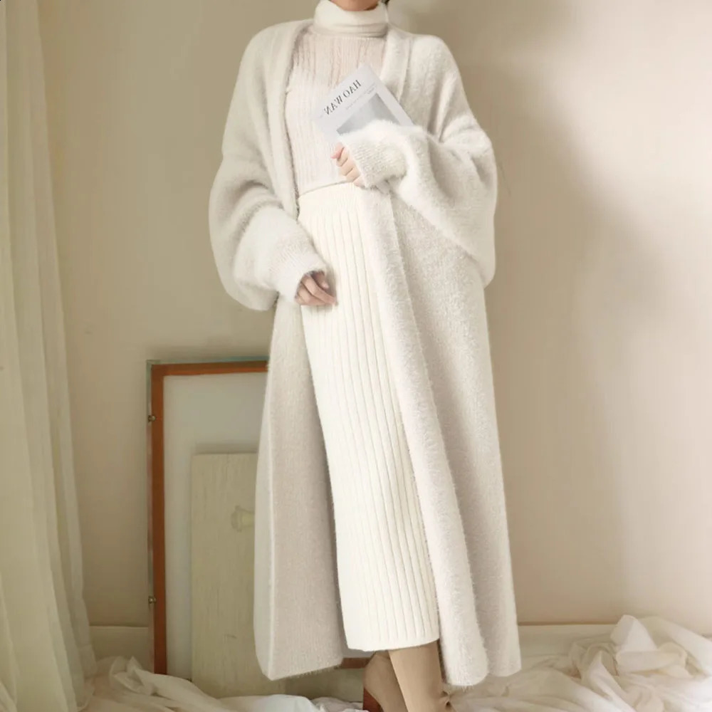 white Long Cardigan for women winter clothes Knitted fluffy long sleeve Cashmere sweater coat clotkorean style warm vintage 260916