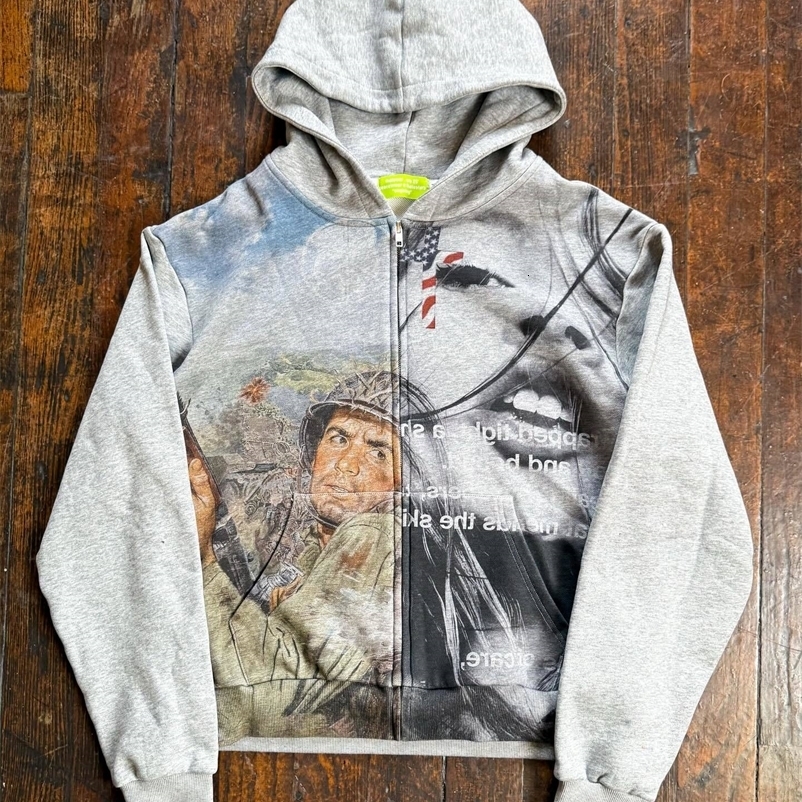 Y2K Retro Poster Pattern Zipper Hoodie Men Women Harajuku Fashion Grey Oversized Loose Hoodies Sweatshirt Zipper Streetwear 260915