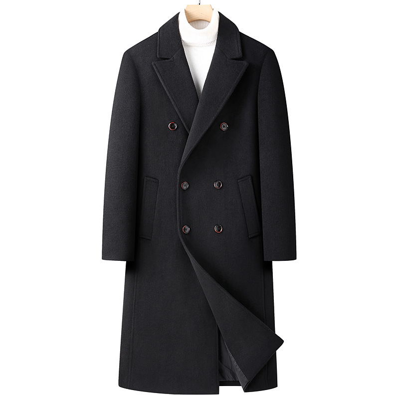Winter/Spring Men's Woolen Tweed Coat - Long Style, Knee-Length, Double-Button Closure, Korean Edition, Slim-Fitting Tweed Coat, Windbreaker, M