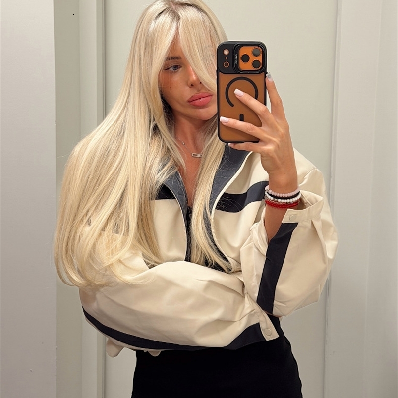 Contrast Strip Cropped Jacket Women Chic Stand Collar Zip Up Loose Windproof Casual Coat Autumn Street Sport Style Outfit 260915