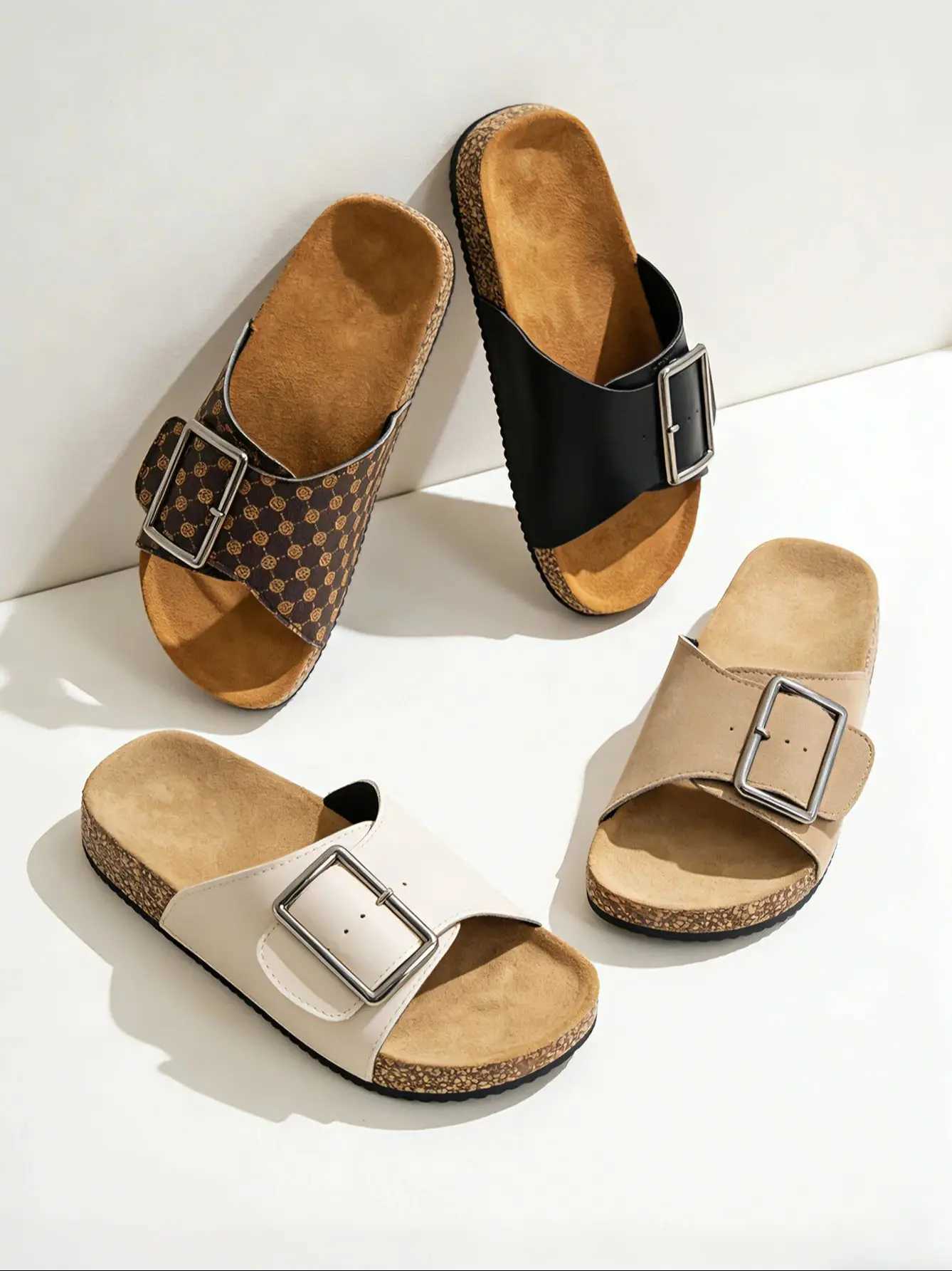 Womens Youth Mules New SprSummer Retro Casual SlipOn Shoes with Cork Texture Pu Upper DoubleStrap HalfSlipper Flat Slippers Adjustable Buckle Suitab