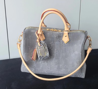 Grey Distressed Canvas Duffle Handbag 30cm, Soft Boston Top Handle Tote Bag, Natural Cowhide Trim, Double Zipper, Detachable Shoulder Strap, Vintage