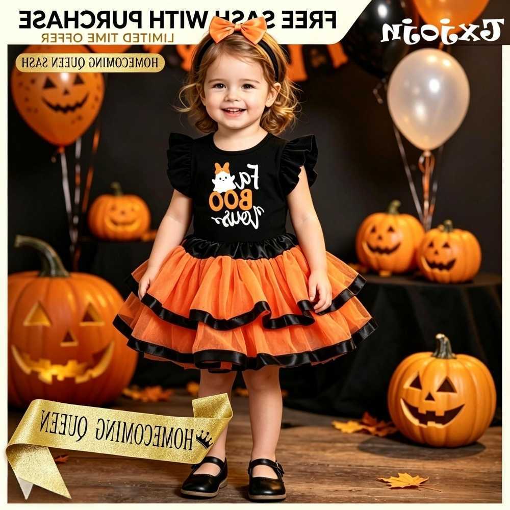 Halloween 2026 Girl's Set 2 Piece Set (Flying Sleeve T-shirt and Skirt) for Girls Ghost Print Festival Party Dress S260916RG93