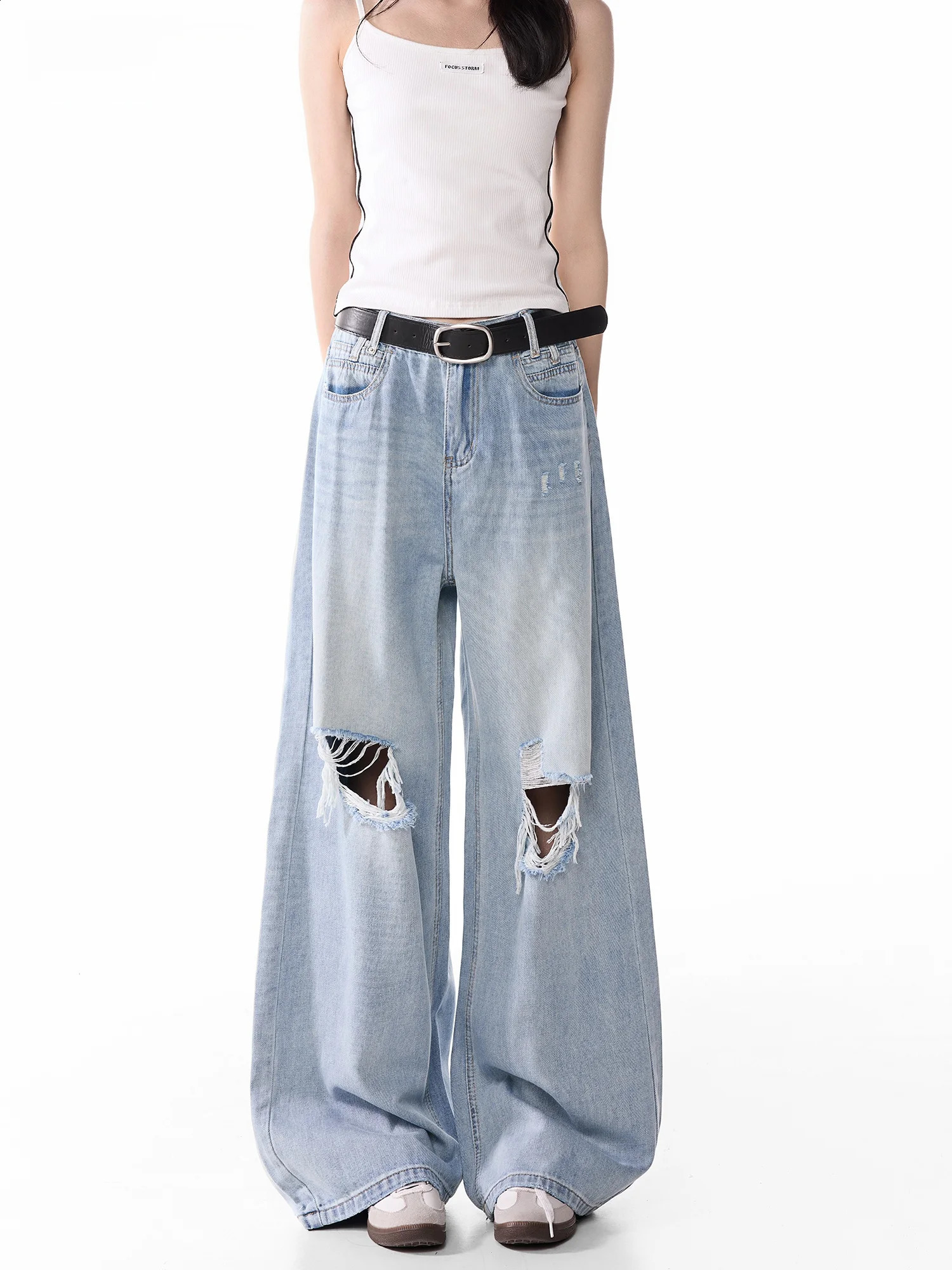 Summer Lightweight Knee-High Ripped Denim Jeans Women's Straight Wide Leg Light Blue Washed Ultra Soft American 260916