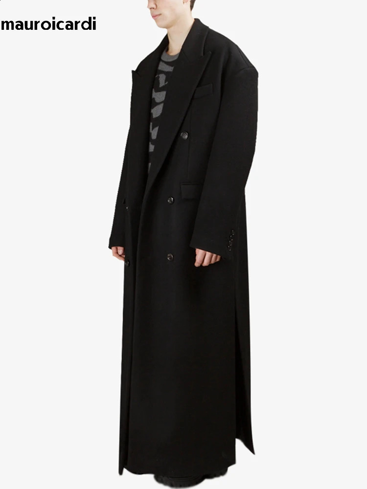Mauroicardi Autumn Winter Extra Long Black Oversized Thick Warm Soft Wool Blends Coat Men Double Breasted Korean Fashion 260916