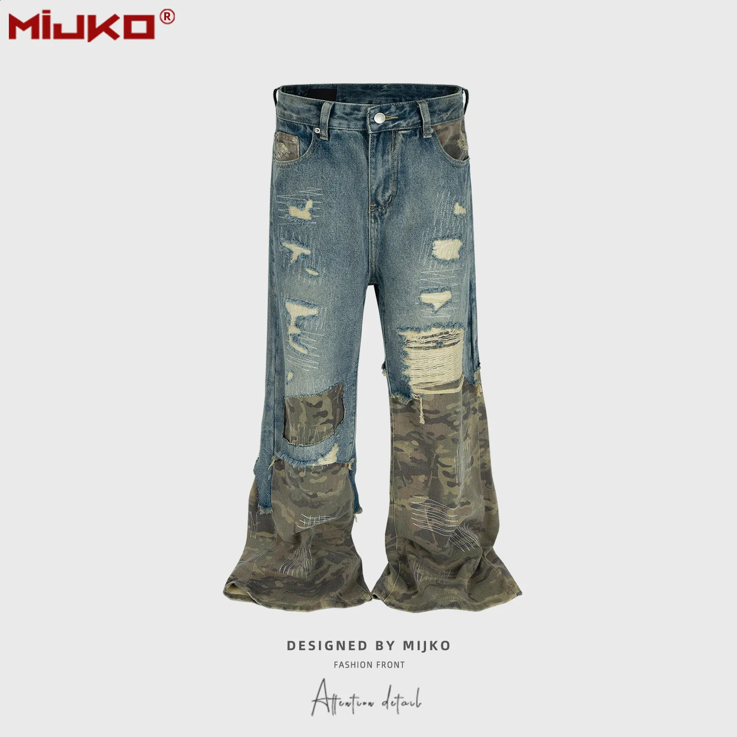 MIJKO Jeans Men's and Women's Camouflage Patchwork Washed Hole n Jeans 2025ss 260916