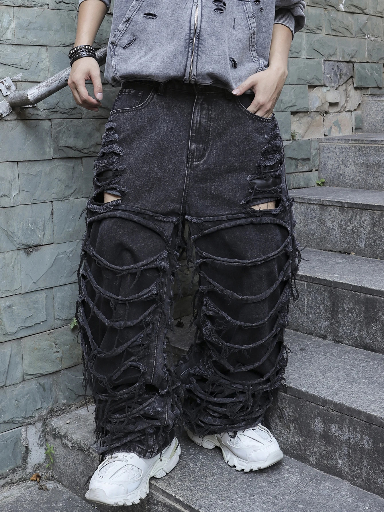 Men's Black Jeans. With a n of Ripped Holes and Tassels. In a Street Trend Style. 260916