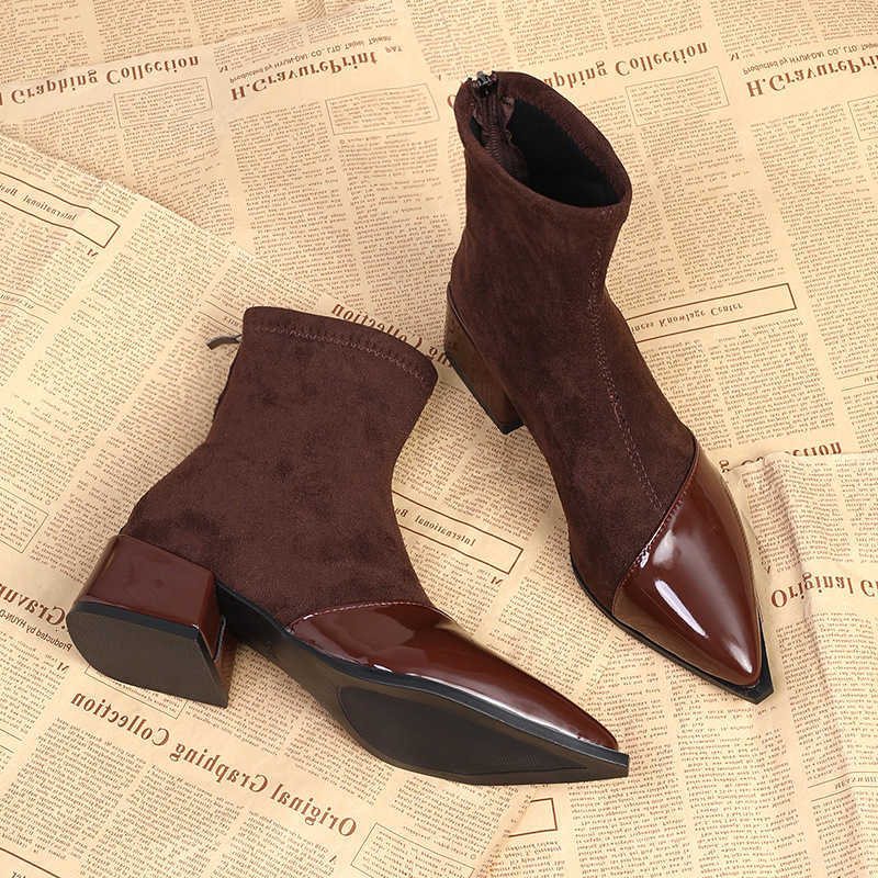 Chunky Winter Boots Mid Women Heels Suede Shoes Woman Pointed Toe Trend Winter New Goth Walking Snow Chelsea D260916