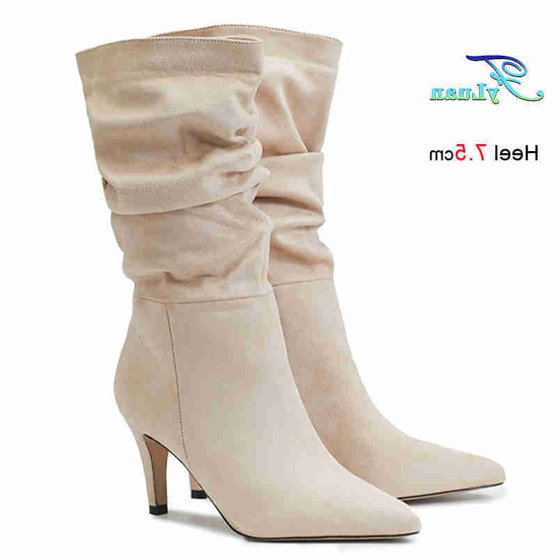 New Spring Autumn Apricot 2026 Color Pleated Women's Mid-Calf Boots Thin High Heels 7.5cm Pointed Toe Ladies Short Boots Shoes D260916