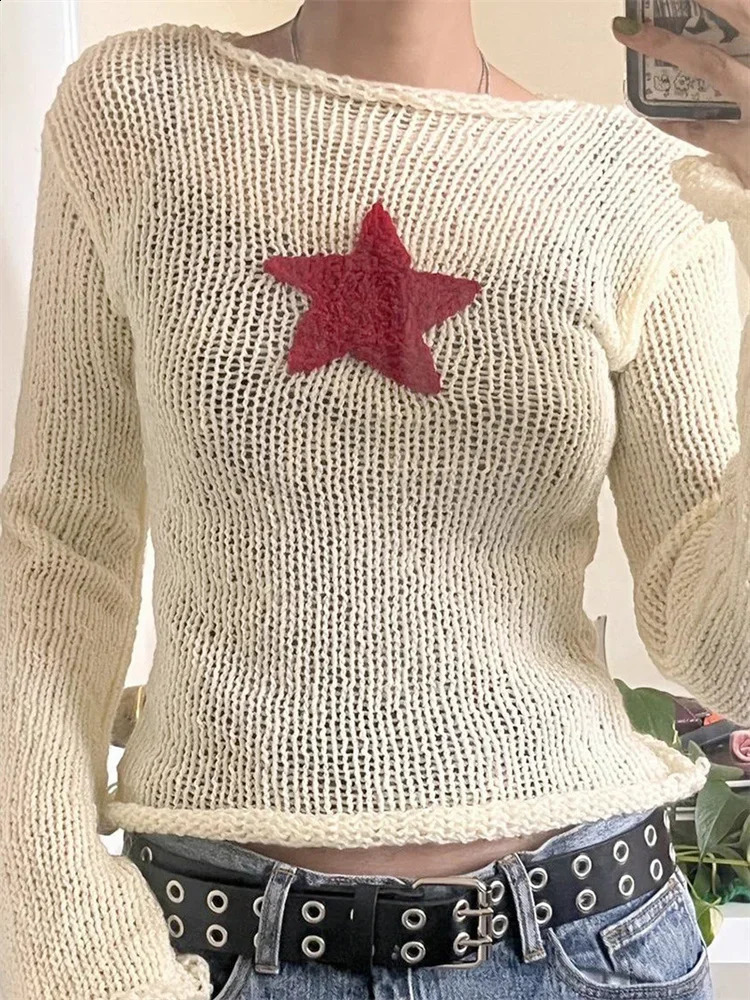 Women Knitted Tops Long Sleeve Crew Neck Star Pattern Sweater Y2K Aesthetic Clothes Gothic Grunge Autumn Shirts Streetwear 260916