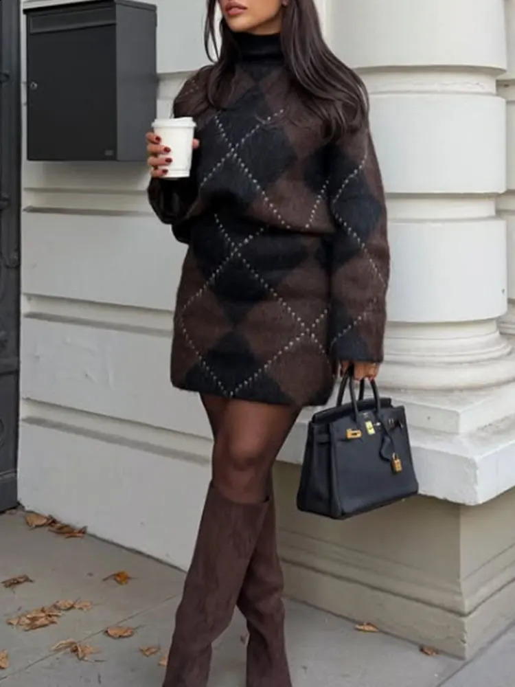 NLZGMSJ Women Knitted Sets Autumn Winter Wrist Sleeve Slim Plaid Sweater Cardigan Jacket Crop Top Mini Skirt Suits 260916